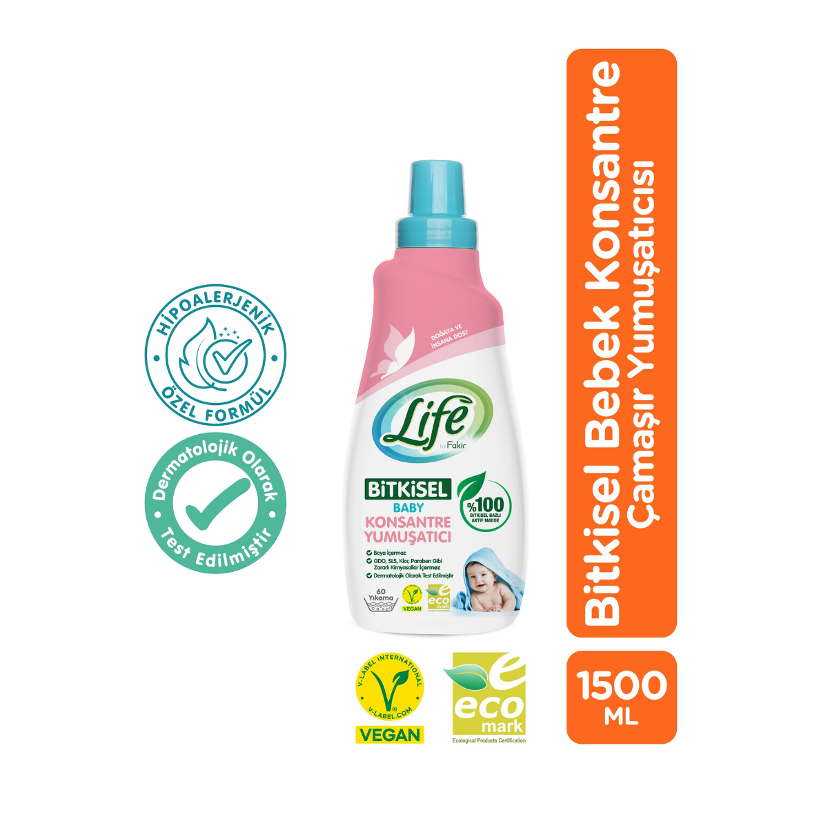 Life By Fakir Bitkisel Bazlı Vegan Bebek Konsantre Yumuşatıcı 1500 ml – Konsantre, Doğal İçerik