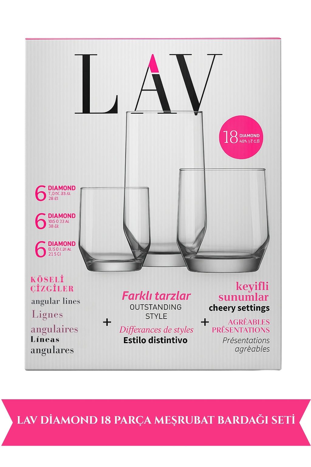 LAV Diamond 18 Parça Bardak Seti - 3 Farklı Boy - Şık ve Dayanıklı Meşrubat Bardakları