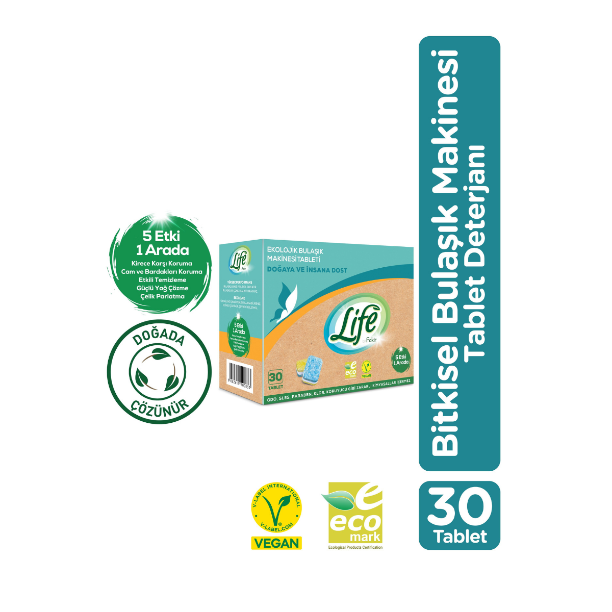 Life By Fakir Ekolojik Vegan Bulaşık Makinesi Tablet Deterjanı 30'lu - Güçlü Yağ Sökücü, %100 Doğal Temizlik