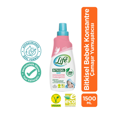 Life by Fakir bitkisel bazlı vegan bebek konsantre yumuşatıcı 1500 ml, doğal içerikli ve hassas ciltlere uygun
