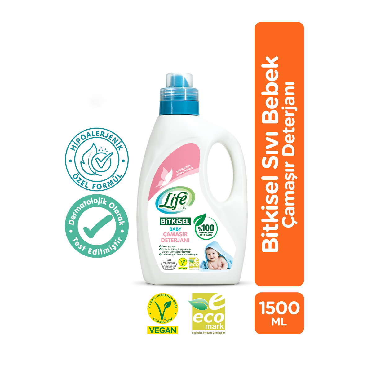 Life by Fakir bitkisel bebek çamaşır deterjanı 1500 ml, vegan ve hipoalerjenik formülüyle renkli ve beyaz çamaşırlar için
