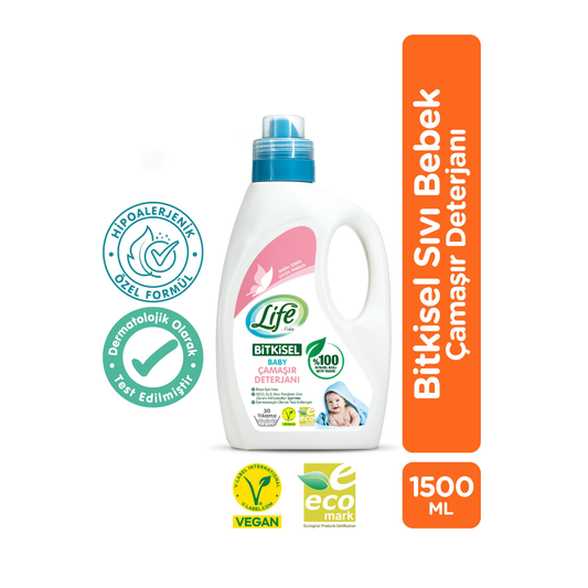 Life by Fakir bitkisel bebek çamaşır deterjanı 1500 ml, vegan ve hipoalerjenik formülüyle renkli ve beyaz çamaşırlar için
